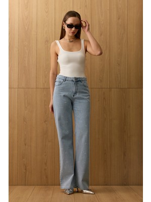 FullaModa Fiyonk Detaylı Taşlı  Palazzo Jean