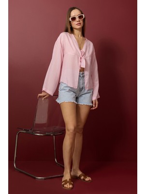 FullaModa Çizgili Önü Bağlamalı Kimono