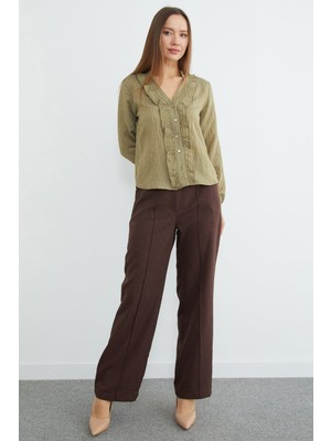 FullaModa Önü Fırfırlı Çizgili Jakarlı Gömlek