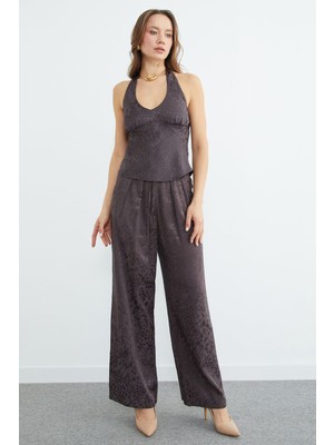 FullaModa Leopar Desenli Boyundan Bağlamalı Saten Bluz