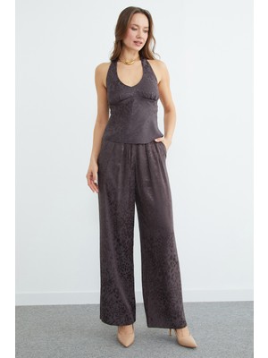 FullaModa  Leopar Desenli Pileli Palazzo Pantolon