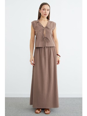 FullaModa Önü Bağlamalı Jakarlı Etekli 2 Li Takım