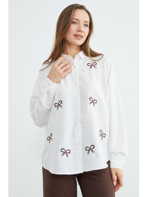FullaModa Fiyonk Nakışlı Oversize Gömlek