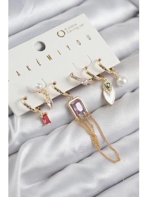 Flamex Pirinç Zirkon Taşlı Sallantılı ve Incili Gold Renk 6'lı Küpe Set