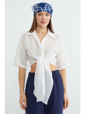 FullaModa Çizgili Jakarlı Bağlamalı Crop Gömlek