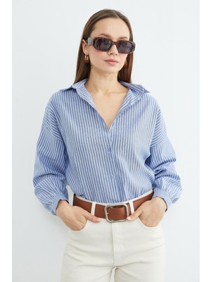 FullaModa Çizgili Arkası Uzun Oversize Gömlek