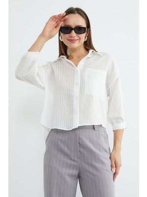 FullaModa Çizgili Jakarlı Tek Cepli Gömlek