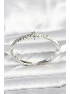 Flamex Pirinç Gümüş Renk Kutup Yıldızı Model Kadın Kelepçe Bileklik