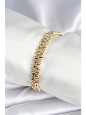 Flamex Pirinç Gold Renk Damla Model Zirkon Taşlı Kadın Bileklik