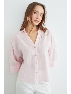 FullaModa Keten Görünümlü  Kapri Kol Gömlek