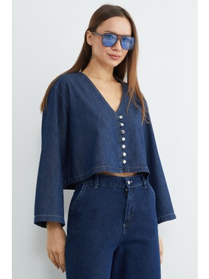 FullaModa Düğmeli Geniş Kol Crop Jean Gömlek