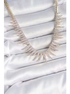 Flamex Pirinç Gold Renk Zirkon Taşlı Sivri Model Vıp Seri Kadın Kolye