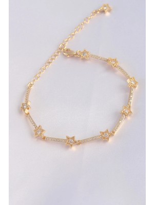 Flamex Vip Seri Pirinç Zirkon Taşlı Gold Renk Halley Model Bileklik