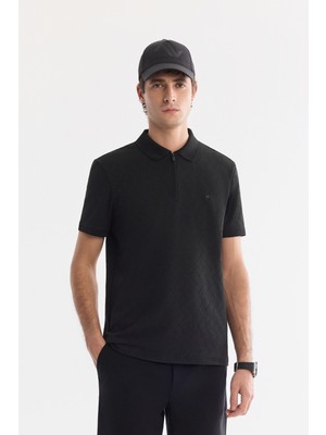 AVVA Erkek Siyah Kıvrılmaz Polo Yaka Fermuarlı Regular Fit T-Shirt A61Y1009