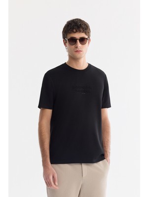 AVVA Erkek Siyah Bisiklet Yaka Gofre Baskılı İnterlok Regular Fit T-Shirt A61Y1082