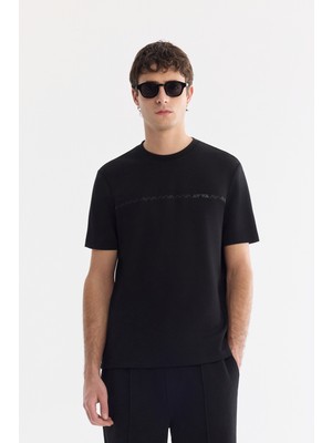AVVA Erkek Siyah Bisiklet Yaka Baskılı Viskon Karışımlı Bi-Stretch İnterlok Regular Fit T-shirt A61Y1052