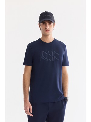 AVVA Erkek Lacivert Bisiklet Yaka Baskılı Bi-Stretch İnterlok Regular Fit T-shirt A61Y1068