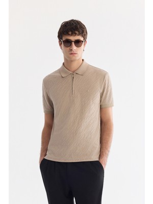 AVVA Erkek Vizon Kıvrılmaz Polo Yaka Fermuarlı Jakarlı Regular Fit T-Shirt A61Y1088