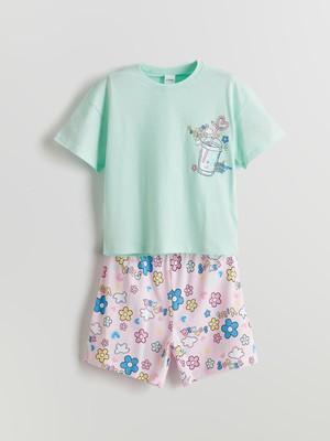 Lc Waikiki Yeni Sezon Bisiklet Yaka Çiçekli Kız Çocuk Şortlu Pijama Takımı