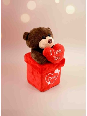 Sarego Kırmızı Peluş Ayıcıklı Kadife Hediye Kutusu Romantik Kalp Tasarımlı Küçük Sürpriz Kutusu