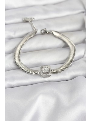 Skygo 316L Çelik Gümüş Renk Baget Zirkon Taşlı Yılan Zincirli Kadın Bileklik