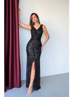 Feminist Siyah V Yaka Payetli Işıltılı Uzun Abiye 9705495.01