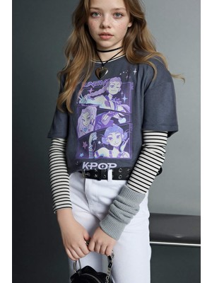 DeFacto Kpop - Demon Hunters Relax Fit Tişört Kız Çocuk H3842A826SM