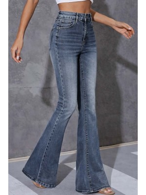 Wmpulse Kadın Yüksek Bel Fermuarlı Ispanyol Paçalı Kot Pantolon