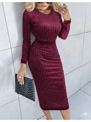Wmpulse Kadın Uzun Kollu Bisiklet Yaka Taşlı Midi Kadife Elbise