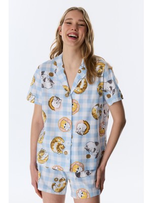 Penti Optik Beyaz Lic Mofusand Gömlek Şortlu Pijama Takımı