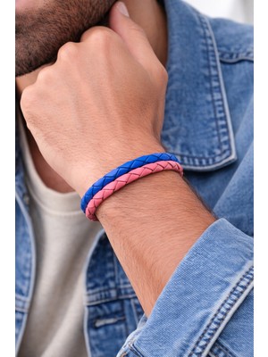 Herşey Nota Mavi Pembe Hakiki Deri Örgü Erkek Bileklik – Mıknatıslı TOKALI-655