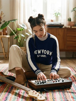 Lc Waikiki Yeni Sezon Bisiklet Yaka New York Desenli Kız Çocuk Triko Kazak