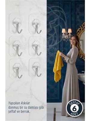 Marsilyan 6 Lı Şeffaf Yapışkanlı Askı, Mutfak Banyo Duvar Askısı, Çivisiz Pratik Kanca Seti -Marsily
