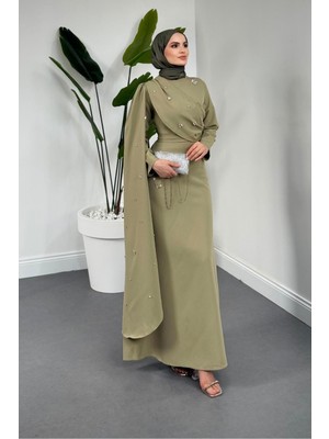 Merven Akyüz Elysia Pelerinli Taşlı Abiye Çağla Yeşili