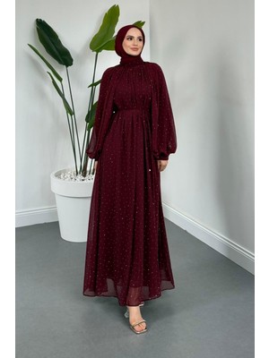 Merven Akyüz Niloufar Hakim Yaka Taşlı Şifon Abiye Bordo