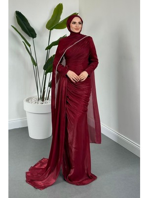 Merven Akyüz Laleh Seyyar Pelerinli Janjan Balık Abiye Bordo