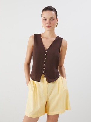 Lc Waikiki Yeni Sezon V Yaka Keten Karışımlı Kadın Klasik Yelek