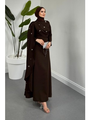 Merven Akyüz Elysia Pelerinli Taşlı Abiye Kahverengi