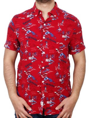 Bad Bear Hector Shirt Kırmızı Kısa Kollu Baskılı Erkek Gömlek