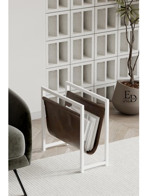 ED Efelez Design Coral Koltuk Yanı Dergilik , Gazetelik , Kitaplık, Beyaz Metal - Kahverengi Deri