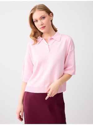 Jimmy Key Pembe Rahat Kesim Polo Yaka Dirsek Kol Triko Bluz