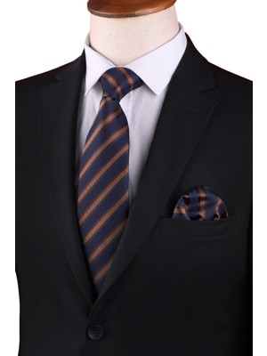 Kravatkolik Sarı - Lacivert Çizgi Desen Mendilli Klasik Kravat KK13103