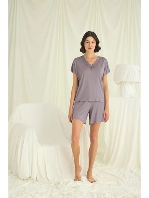 Amora Secret Özel Tasarım  Kısa Kollu Dantelli V Yaka Şort Takımı