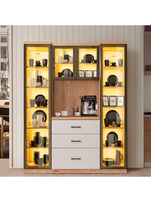 Setay Vitrinli Ünite, Liveo Kahve Köşesi + Çok Amaçlı Raflı Iki Kapaklı Dolap