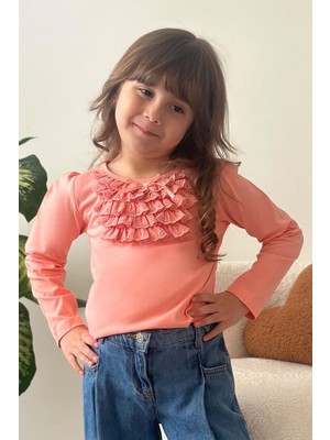 Breeze Kız Bebek Uzun Kollu Tişört Güpürlü Fiyonklu 6 Ay-8 Yaş, Somon