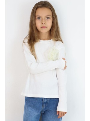 Breeze Kız Çocuk Uzun Kollu Bluz Çiçek Aksesuarlı 8-14 Yaş, Ekru