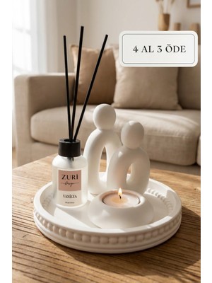Zuri Design Beton Tepsili Mum ve Bambu Çubuklu 50 ml Oda Parfümü Dekoratif Seti Beyaz