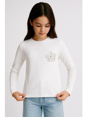 Breeze Kız Çocuk Uzun Kollu Tişört Pullu Incili Çiçek Armalı 9-14 Yaş, Ekru