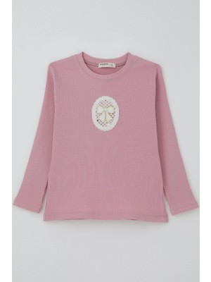 Breeze Kız Çocuk Uzun Kollu Tişört Vintage Dantel Fiyonk Aplikeli 5-10 Yaş, Gülkurusu