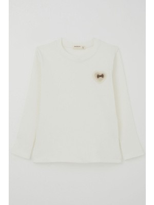 Breeze Kız Çocuk Uzun Kollu Tişört Kalp Armalı Fiyonklu 5-10 Yaş, Ekru